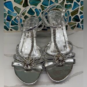 Delicacy Silver Rhinestone Strappy Heels with Floral Accent